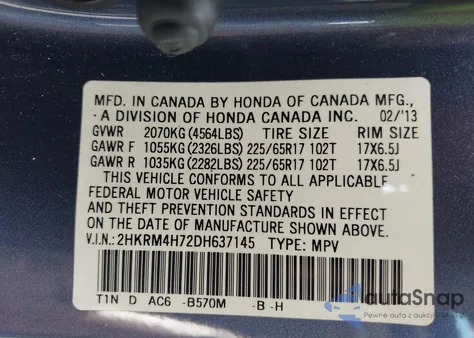 2013 Honda Cr-V Ex-L из США, поврежденный, VIN 2HKRM4H72DH637145